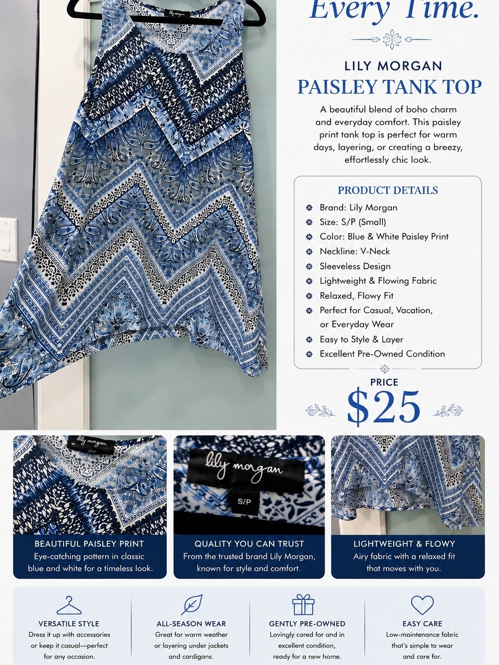 Blue & White Paisley Tank Top